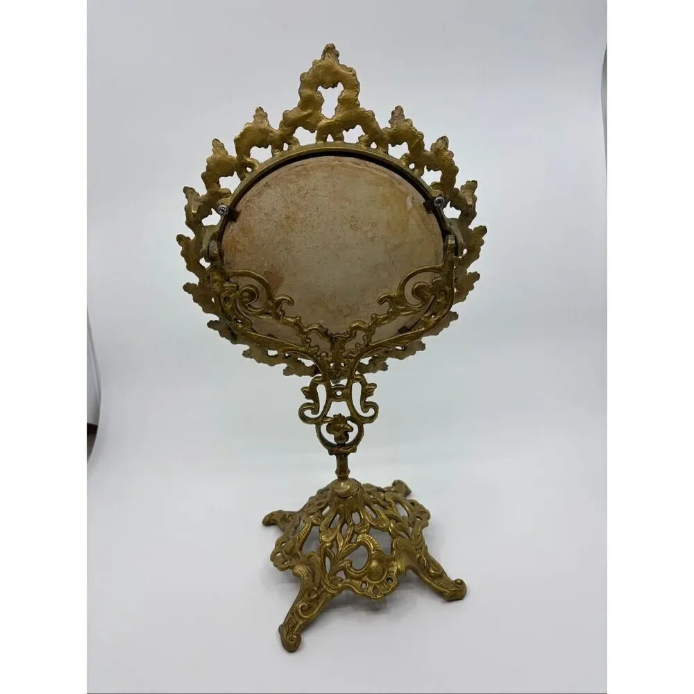 Vintage Ornate Brass Standing Adjustable Swivel Makeup Vanity Mirror Frame Swive